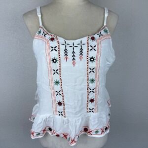 En Creme White‎ Embroidered Mirrored Ruffle Hem Cami Tank Top Women's Boho